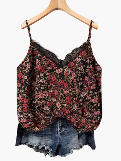 Women's summer top with floral pattern and lace trim, casual spaghetti strap tank top