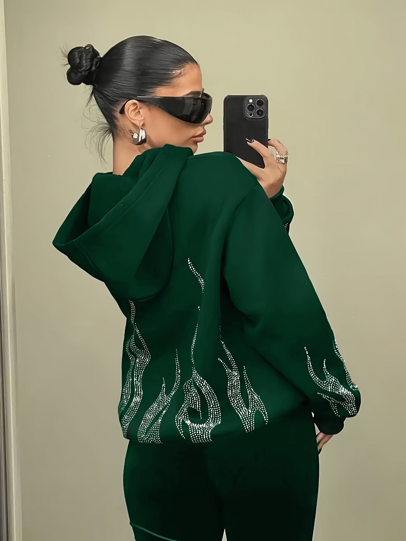 Women's hoodie with rhinestone flame pattern and hood, relaxed fit