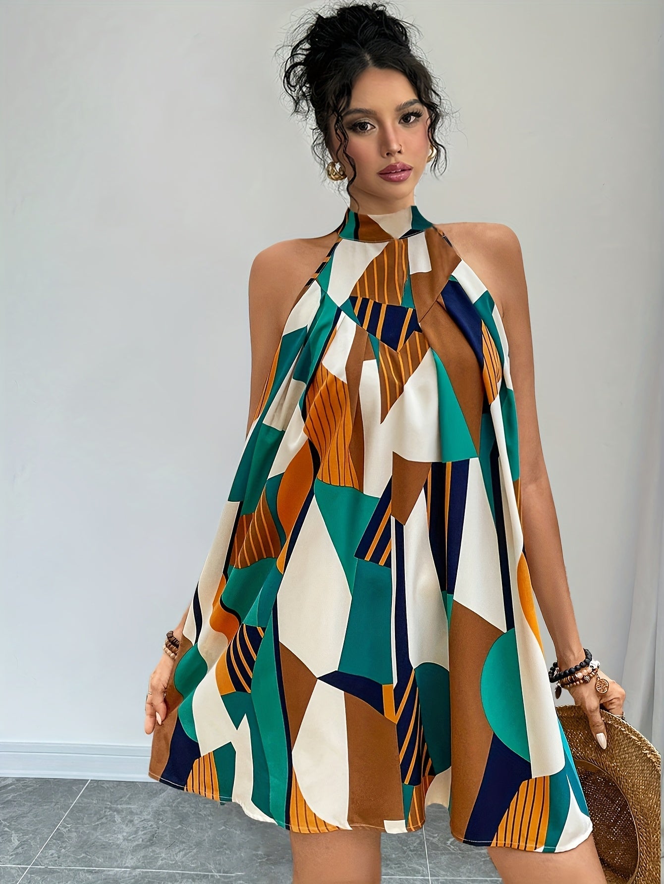 Women's Elegant A-Line Dress with Geometric Pattern – Summer Casual & Vacation
