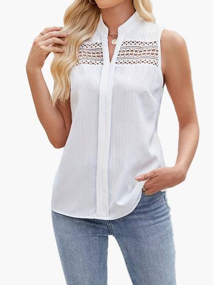 Damen Ärmellose Bluse mit Spitzenbesatz und Stehkragen – Elegante Sommermode für Freizeit und Büro