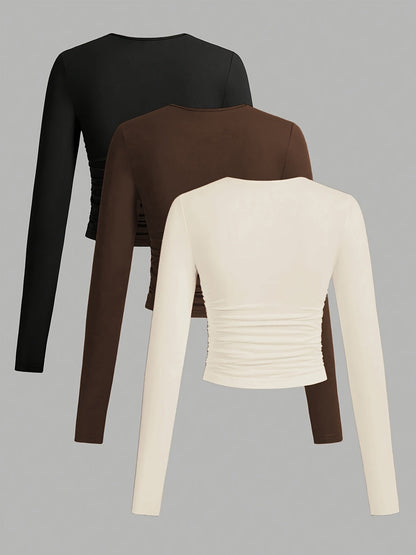 3er Pack Langarmshirt mit Rundhals und Raffung