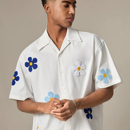 Herren Freizeit Kurzarm-Hemd mit Blumenapplikationen und Camp-Kragen – Modernes Sommer-Design