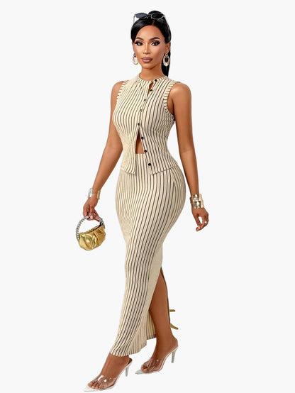 Women's Elegant Striped Midi Dress with Button Placket and Fitted Cut – Perfect for Office & Events