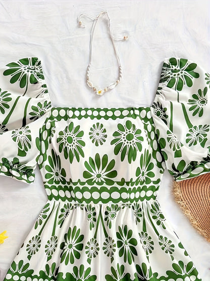 Women's jumpsuit with puff sleeves and vintage floral pattern – elegant one-piece for summer and leisure