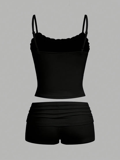 Women's Loungewear Set Two-Piece – Elegant Crop Top and Shorts for Spring & Summer
