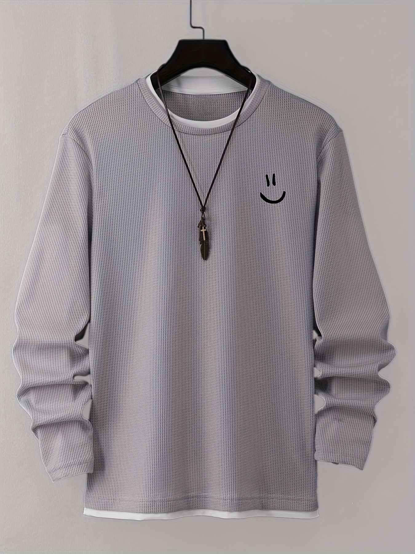 Unisex Langarmshirt Waffelstrick Smiley Print Rundhals Grau