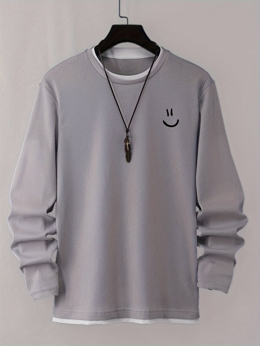 Unisex long-sleeve waffle-knit shirt with smiley print, crew neck, gray
