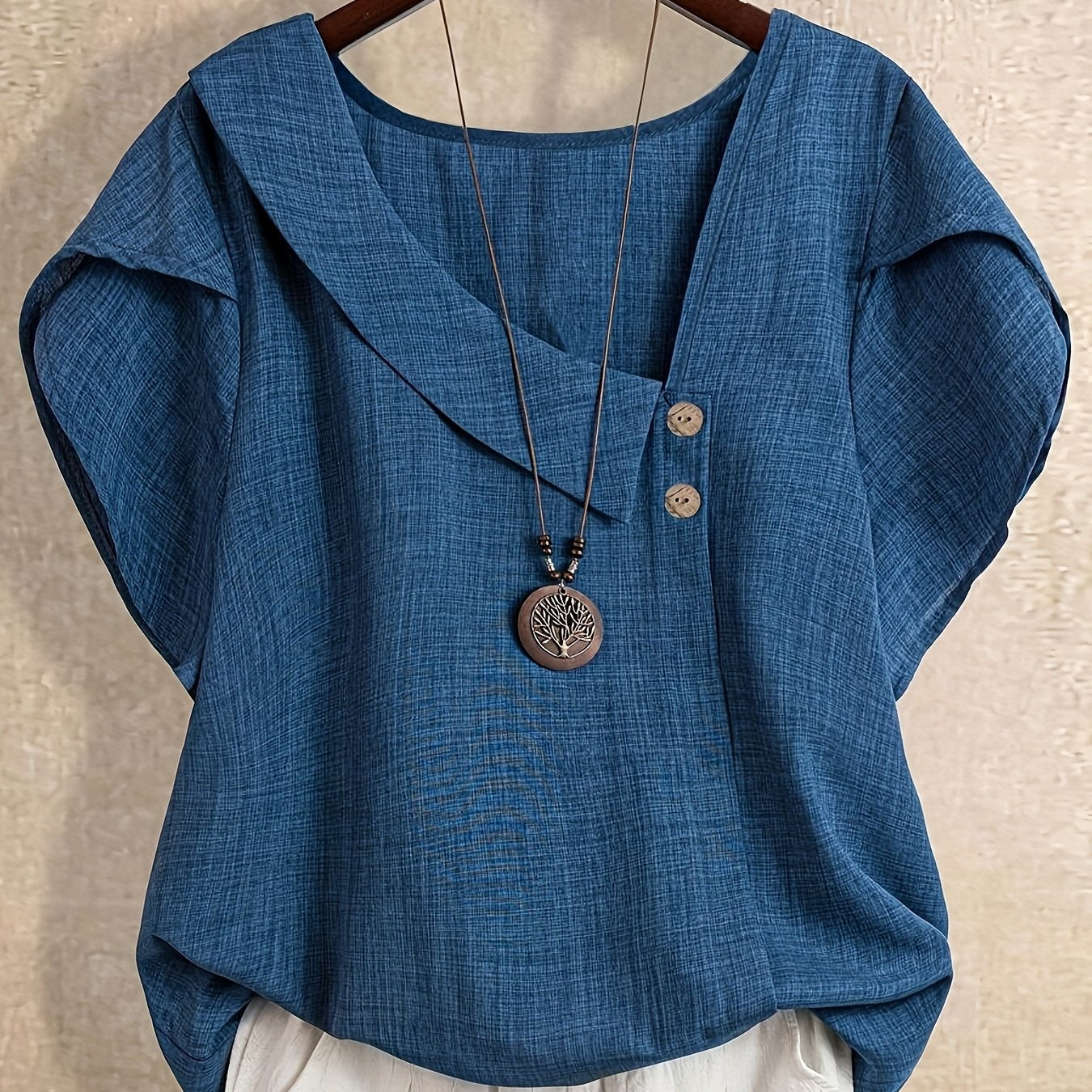 Women's tunic blouse with asymmetrical collar and short sleeves – Artistic casual style