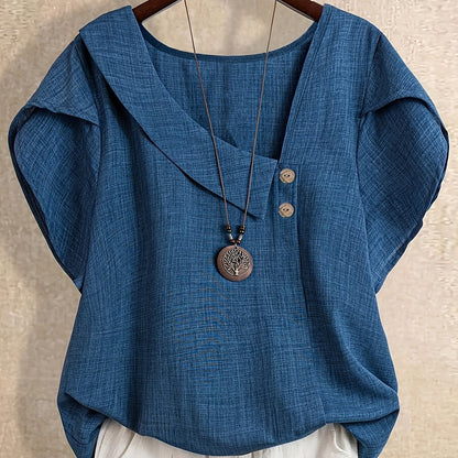 Women's tunic blouse with asymmetrical collar and short sleeves – Artistic casual style