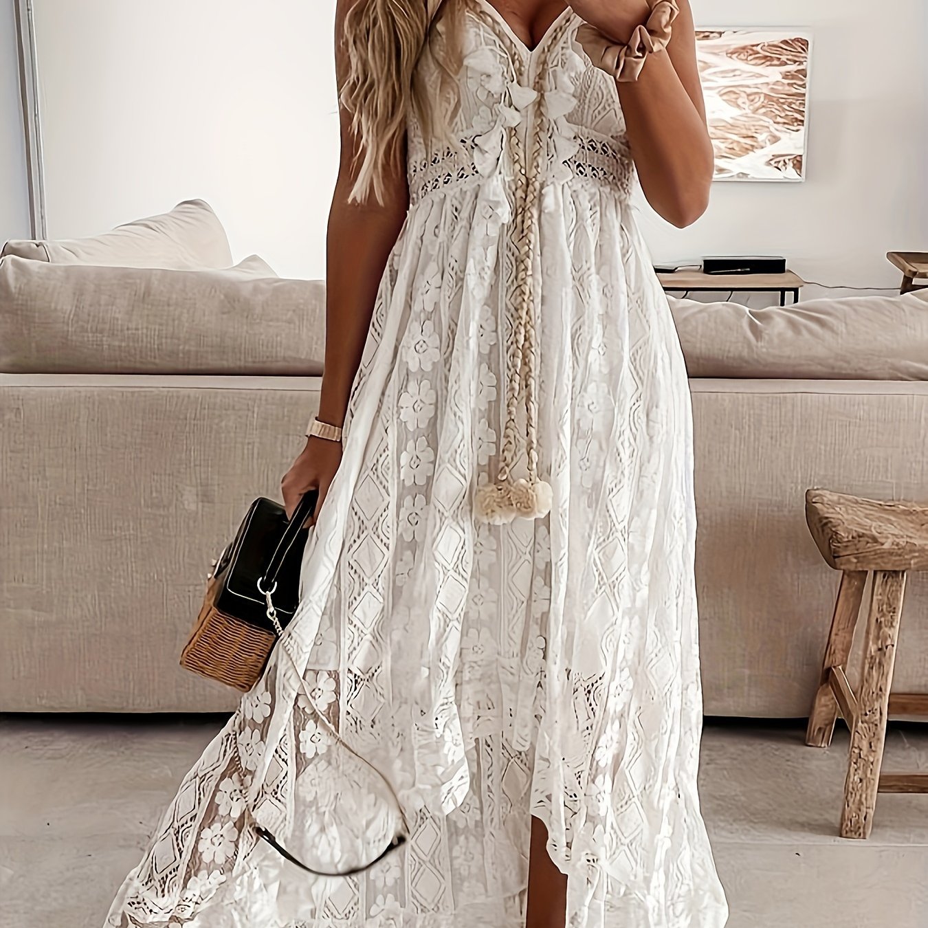 Women's Boho Maxi Dress with Lace and V-Neck for Festive Occasions