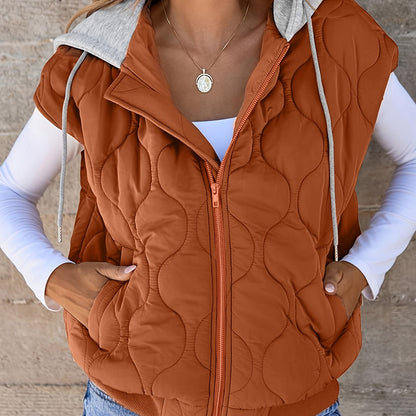 Women's quilted vest with hood in rust brown