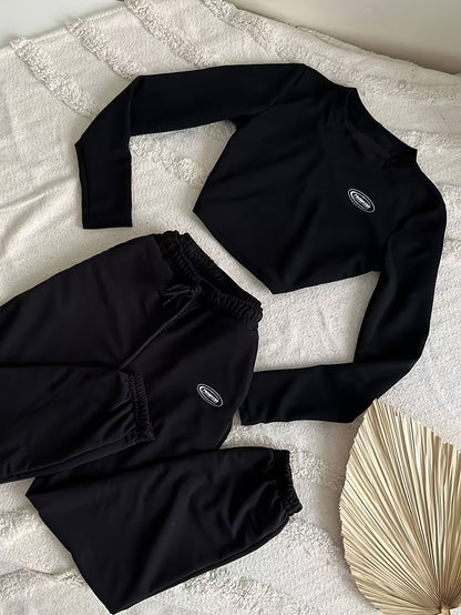 Damen Zweiteiler Crop Top Langarm & Jogginghose Schwarz