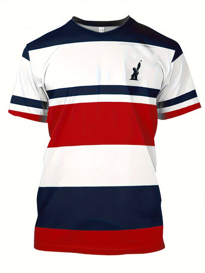 Men's Casual T-Shirt with Block Stripes and University Logo – Perfect for Everyday and Leisure