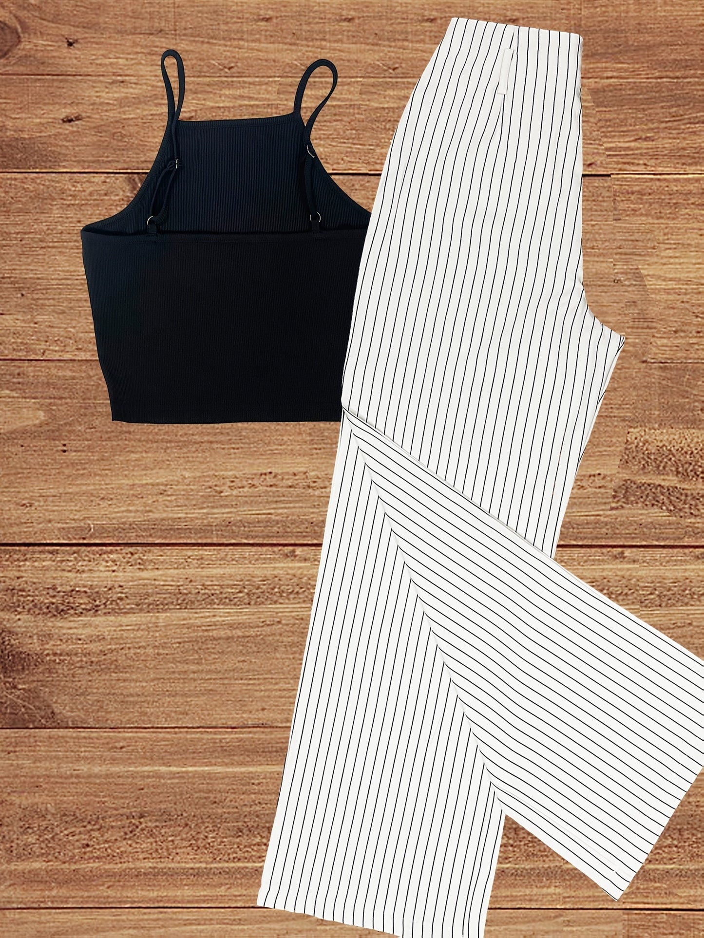 Women's Elegant Pinstripe Set – Sleeveless Top and Wide-Leg Pants with Belt, Perfect for Office and Leisure