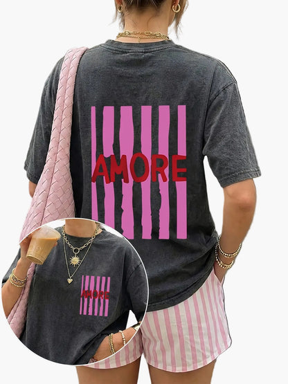 Women's Oversize Casual T-Shirt with 'AMORE' Print and Stripes – Summer Streetwear