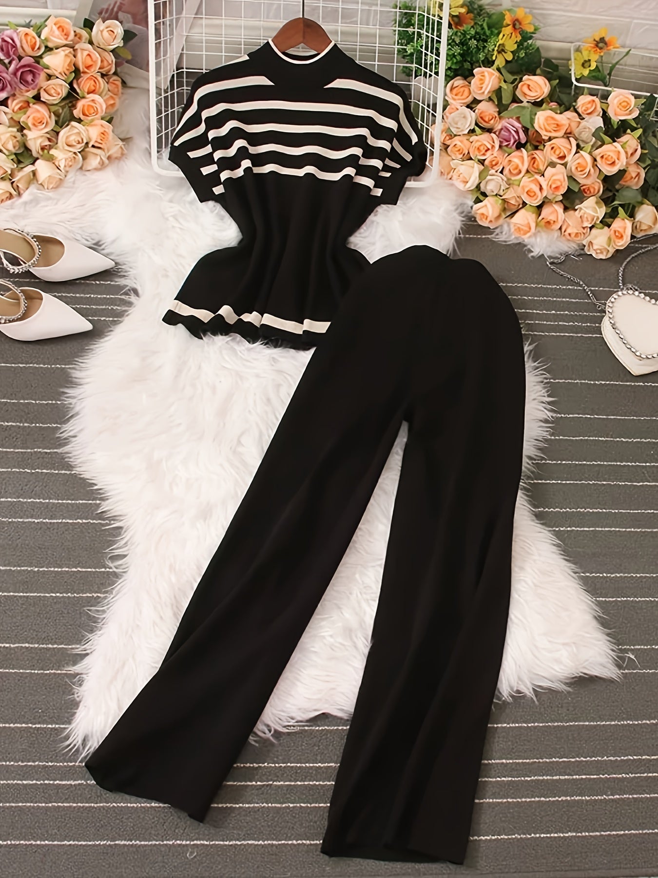 Women's Elegant Striped Set with Wide-Leg Pants – Casual, Fashionable Two-Piece for Spring and Summer