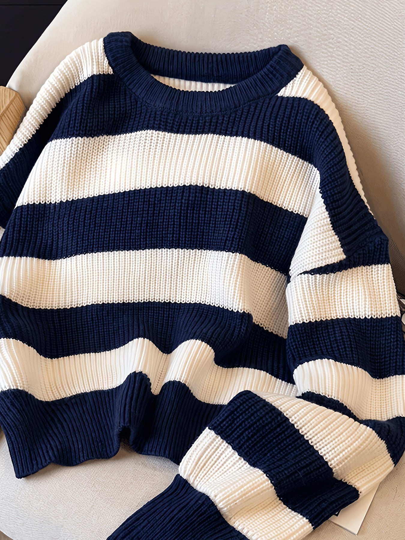 Women's knitted sweater, black and white striped, crew neck, loose fit