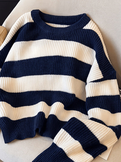 Women's knitted sweater, black and white striped, crew neck, loose fit