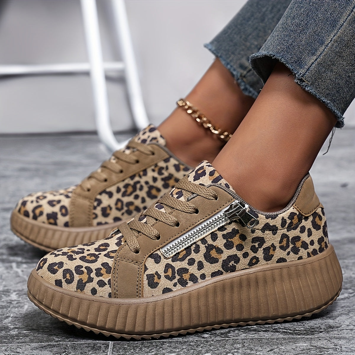 Women's Platform Sneakers with Leopard Print and Zipper – Fashionable Casual Shoes for Everyday and Street Style