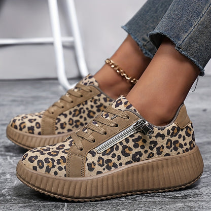 Women's Platform Sneakers with Leopard Print and Zipper – Fashionable Casual Shoes for Everyday and Street Style