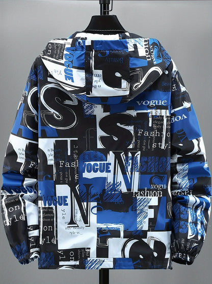 Unisex hooded jacket with all-over print, zip-up windbreaker, red, black, white