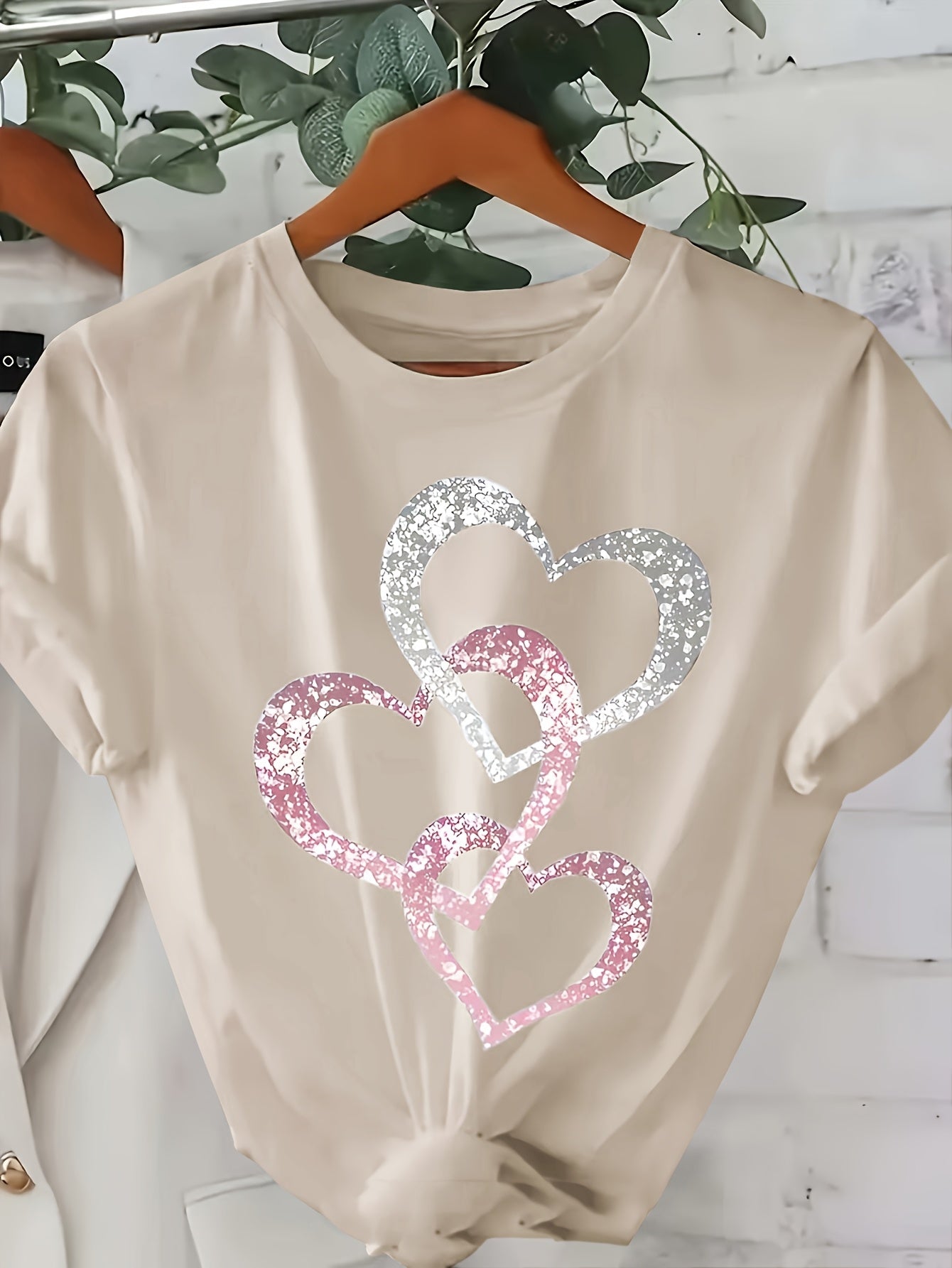 Damen T-Shirt mit Glitzer-Herz-Print, Casual Sommer Style