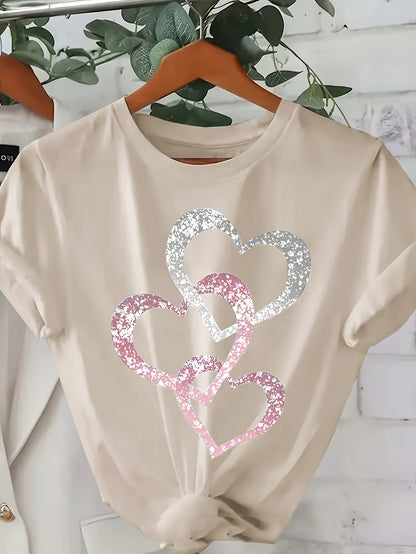 Damen T-Shirt mit Glitzer-Herz-Print, Casual Sommer Style