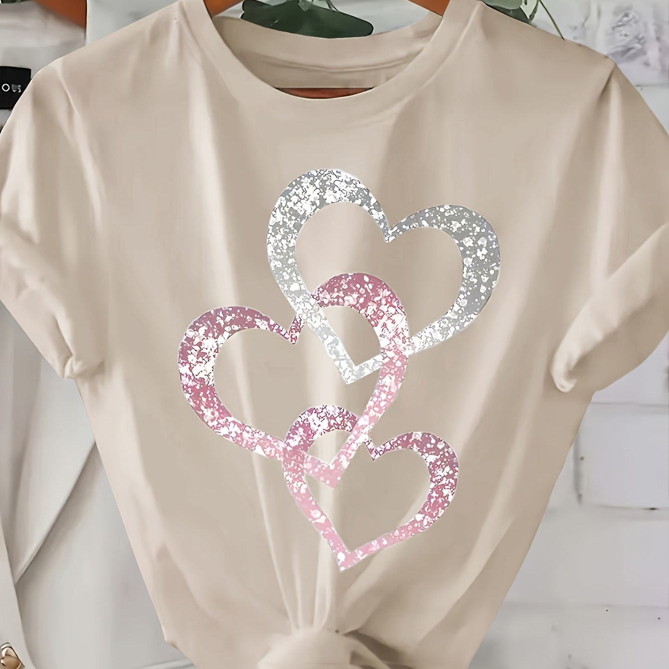 Damen T-Shirt mit Glitzer-Herz-Print, Casual Sommer Style