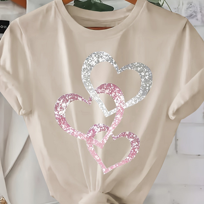 Damen T-Shirt mit Glitzer-Herz-Print, Casual Sommer Style