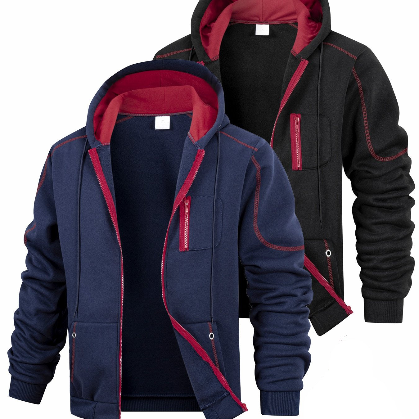 2-Pack Men's Hoodie Jacket Set, Zip-Up Hoodies, Fleece-Lined, Navy Blue, Black, Red