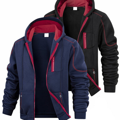 2-Pack Men's Hoodie Jacket Set, Zip-Up Hoodies, Fleece-Lined, Navy Blue, Black, Red