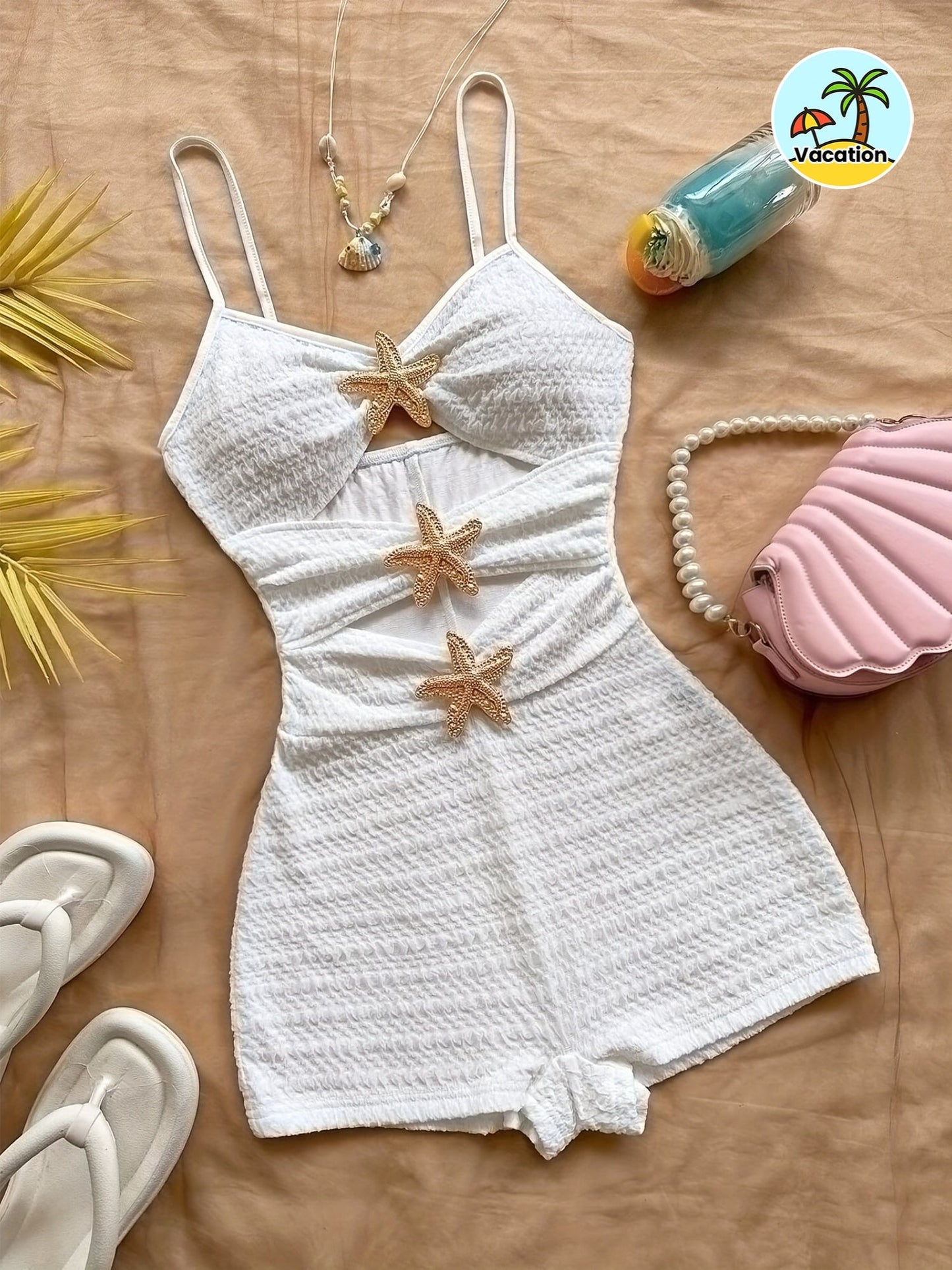 Women's beach jumpsuit with star appliqués and cut-outs – summery one-piece for vacation & pool parties