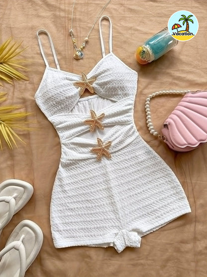 Women's beach jumpsuit with star appliqués and cut-outs – summery one-piece for vacation & pool parties