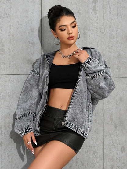 Women's denim jacket with hood and zipper, washed look, gray