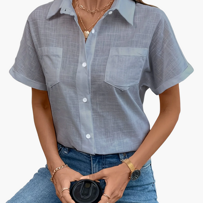 Women's Short-Sleeve Blouse with Bird Print and Chest Pocket – Fashionable Casual Shirt