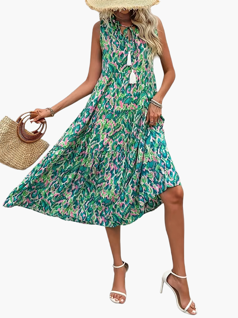 Women's Summer Dress Elegant Sleeveless with Allover Print and Tassels for Leisure and Vacation