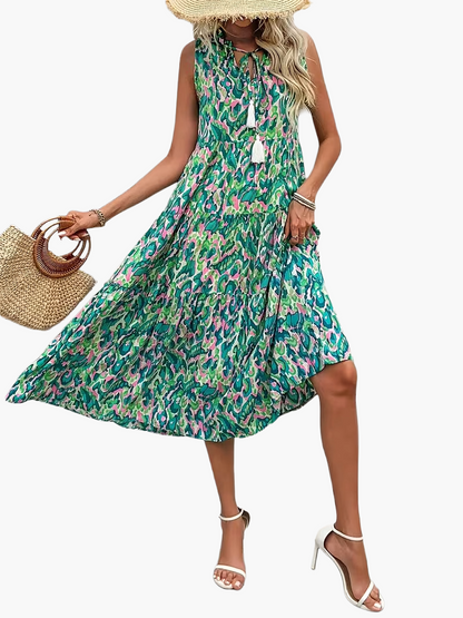Women's Summer Dress Elegant Sleeveless with Allover Print and Tassels for Leisure and Vacation