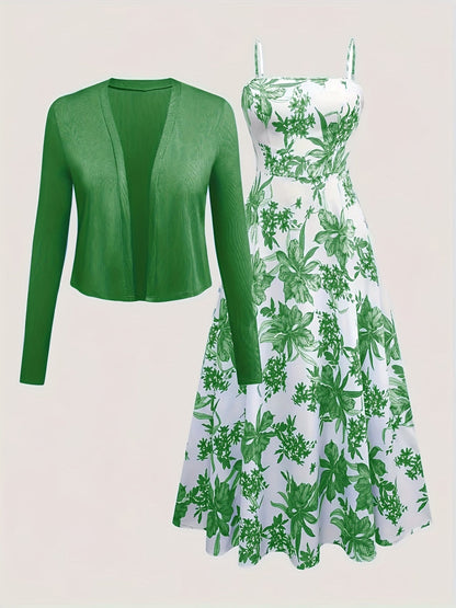 Women's Midi Dress with Floral Pattern and Cardigan Set – Elegant Casual Look for Spring and Summer
