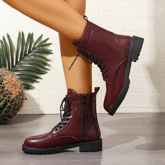 Women’s dark red worker boots with laces and a zipper
