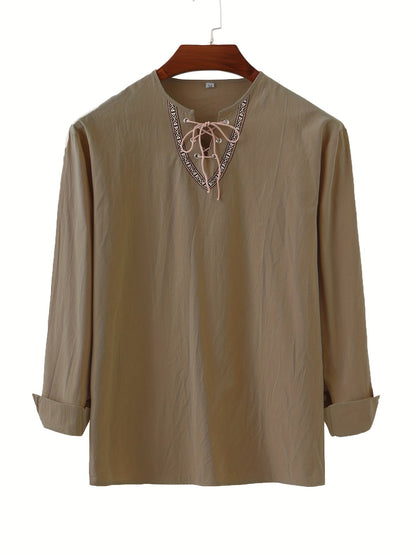 Herren Vintage Langarmshirt mit Schnürung und geometrischem Muster am Kragen