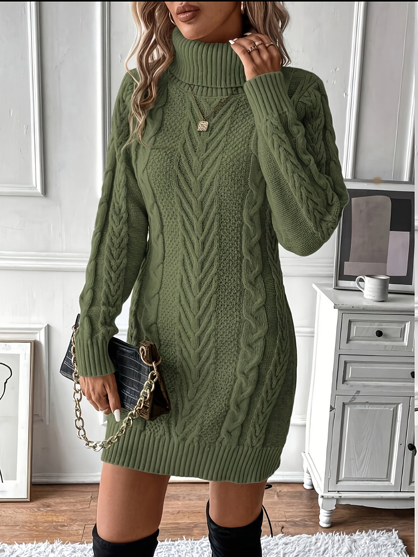 Strickkleid Damen Rollkragen Zopfmuster Langarm
