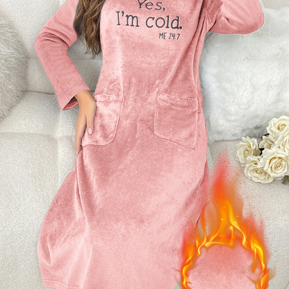 Women's flannel nightgown with a round neckline and embroidery – long-sleeved, cozy loungewear robe