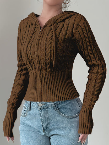 Damen Strickpullover Hoodie Crop Top Zopfmuster Reißverschluss