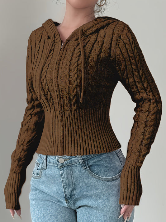 Damen Strickpullover Hoodie Crop Top Zopfmuster Reißverschluss