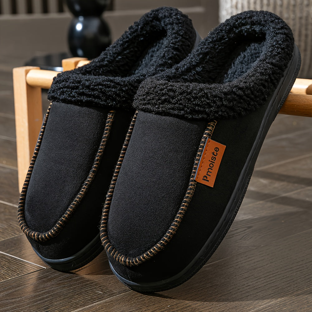 Men's plush-lined slippers, cozy winter footwear, black