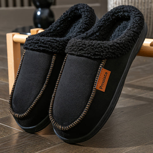 Men's plush-lined slippers, cozy winter footwear, black