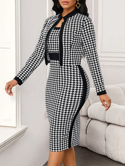 Women's houndstooth two-piece set, fitted dress with jacket, black and white