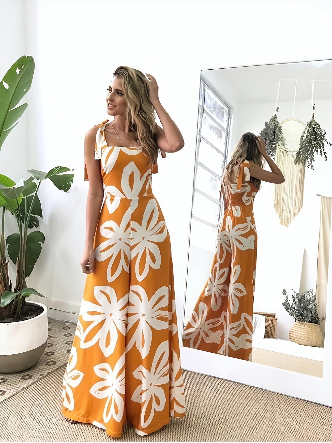Women's Summer Maxi Dress Elegant with Floral Pattern and Bow Straps – Perfect for Vacation & Leisure