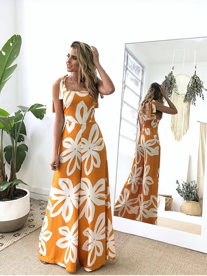 Women's Summer Maxi Dress Elegant with Floral Pattern and Bow Straps – Perfect for Vacation & Leisure
