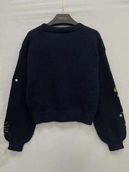 Cardigan Strickjacke mit Sonnen-, Mond- & Mottenstickerei